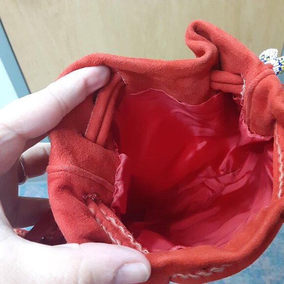 Vintage Ladies Red Suede Hand beaded drawstring bag Southwestern - Picture 7 of 12